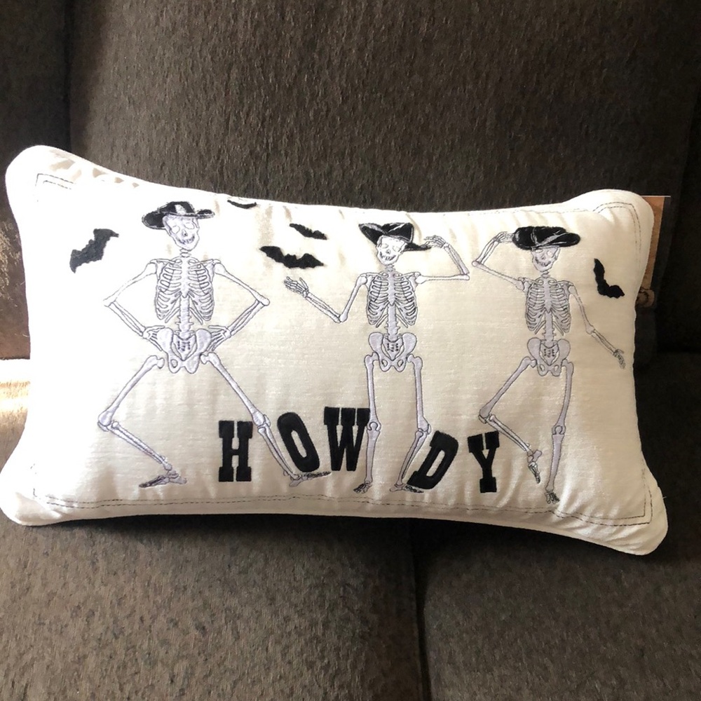 Howdy Skeleton Decorative Pillow - White and Black -